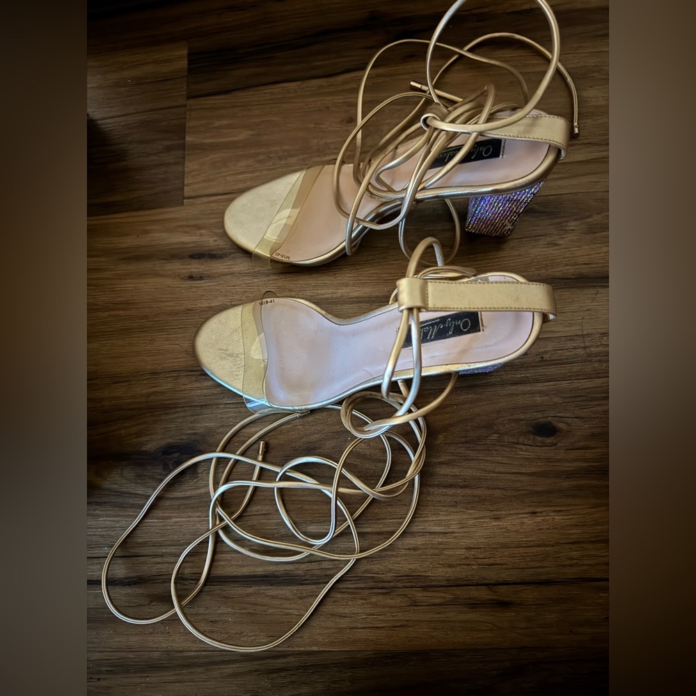 Gold strappy heels w/ bejeweled heels size 41 or US 10.5